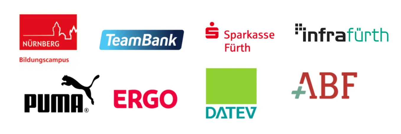 Kundenlogos: Bildungscampus Nürnberg, TeamBank, Sparkasse Fürth, infra fürth, PUMA, ERGO, DATEV, ABF