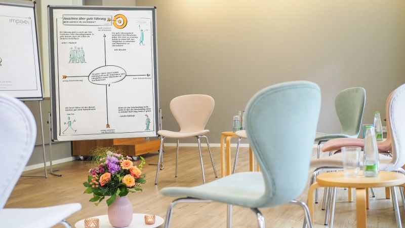 Seminarraum in Fürth mit Stuhlkreis, Flipcharts und Ausstattung